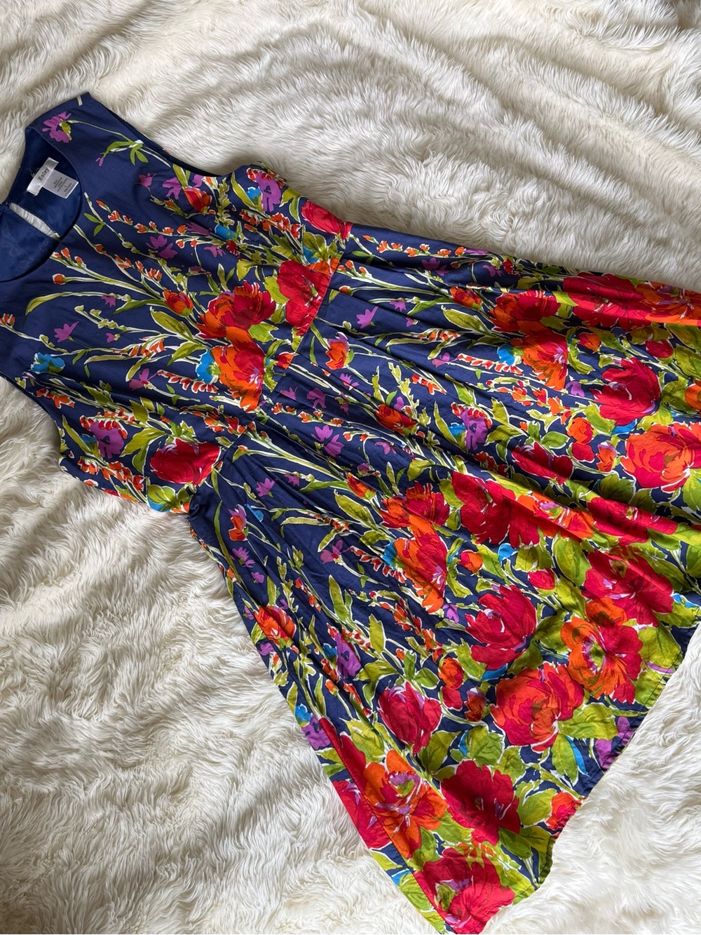 Elsey - Red and Orange Florals on a Navy Fit-and-Flare Dress